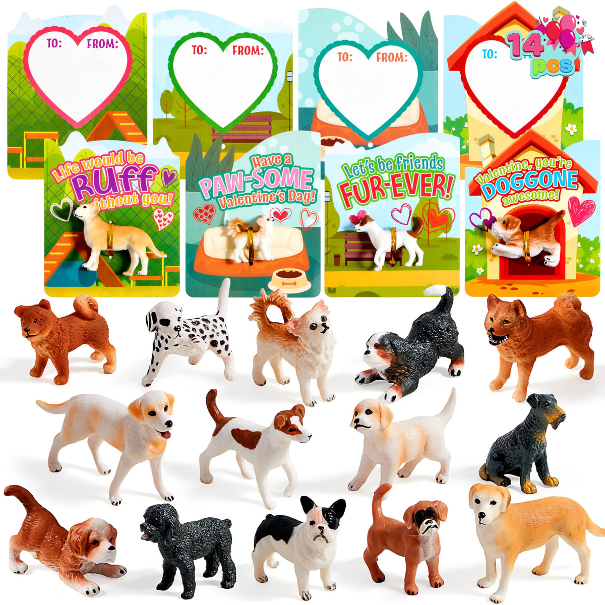 JOYIN 14-Pack Valentine's Day Greeting Cards with Dog Puppy Figure Toys for Kids Party Favors