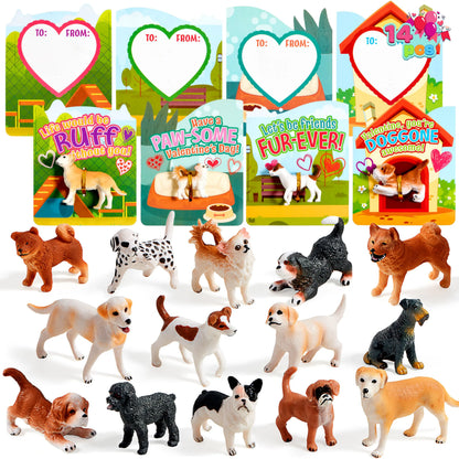 JOYIN 14-Pack Valentine's Day Greeting Cards with Dog Puppy Figure Toys for Kids Party Favors