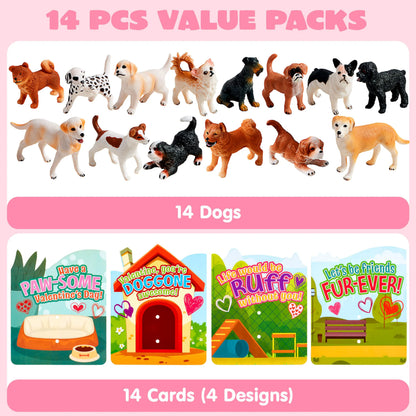 JOYIN 14-Pack Valentine's Day Greeting Cards with Dog Puppy Figure Toys for Kids Party Favors