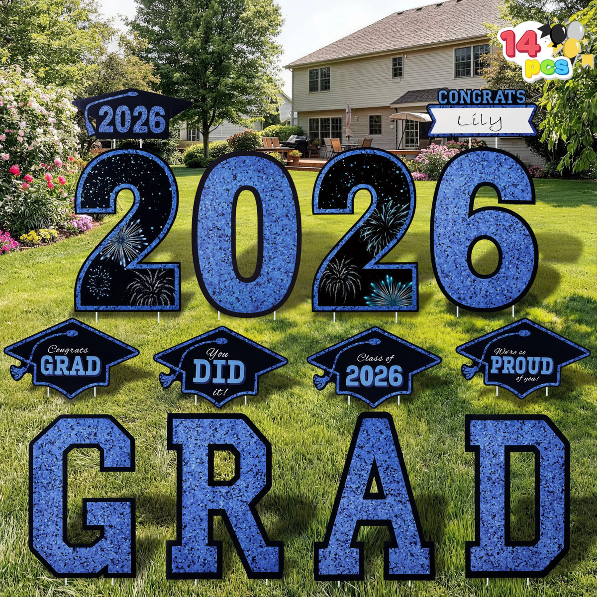 14Pcs Black & Blue Graduation Yard Signs with 28 Stakes - Class of 2026 Grad Party Supplies