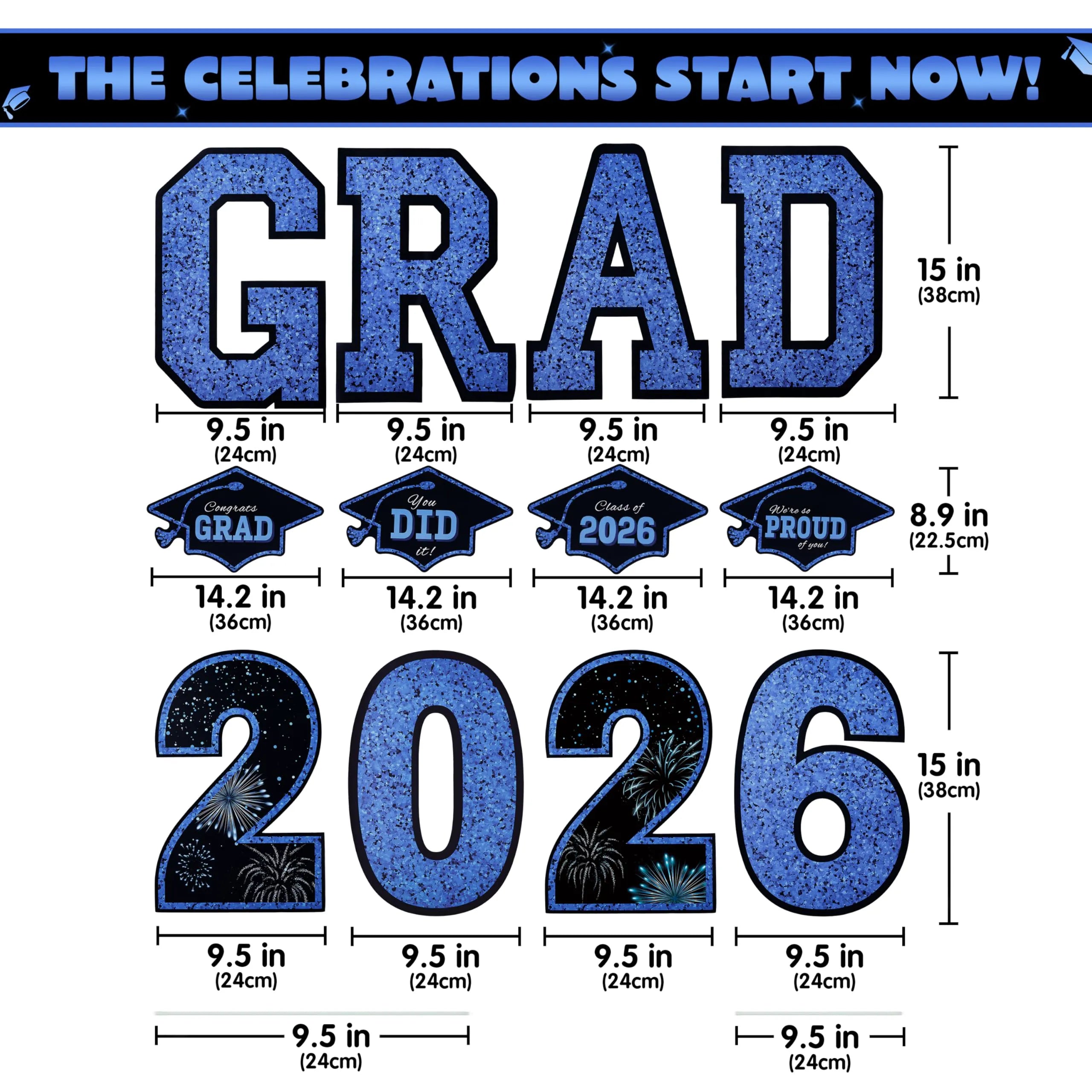 14Pcs Black & Blue Graduation Yard Signs with 28 Stakes - Class of 2026 Grad Party Supplies