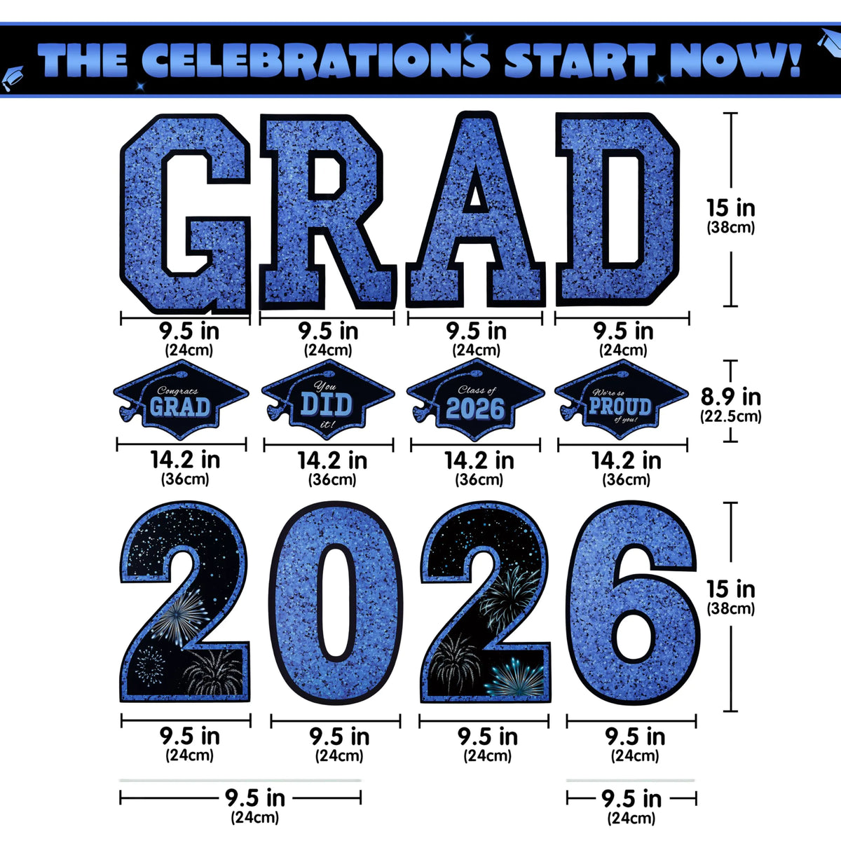 14Pcs Black & Blue Graduation Yard Signs with 28 Stakes - Class of 2026 Grad Party Supplies