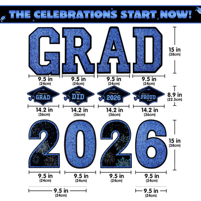 14Pcs Black & Blue Graduation Yard Signs with 28 Stakes - Class of 2026 Grad Party Supplies