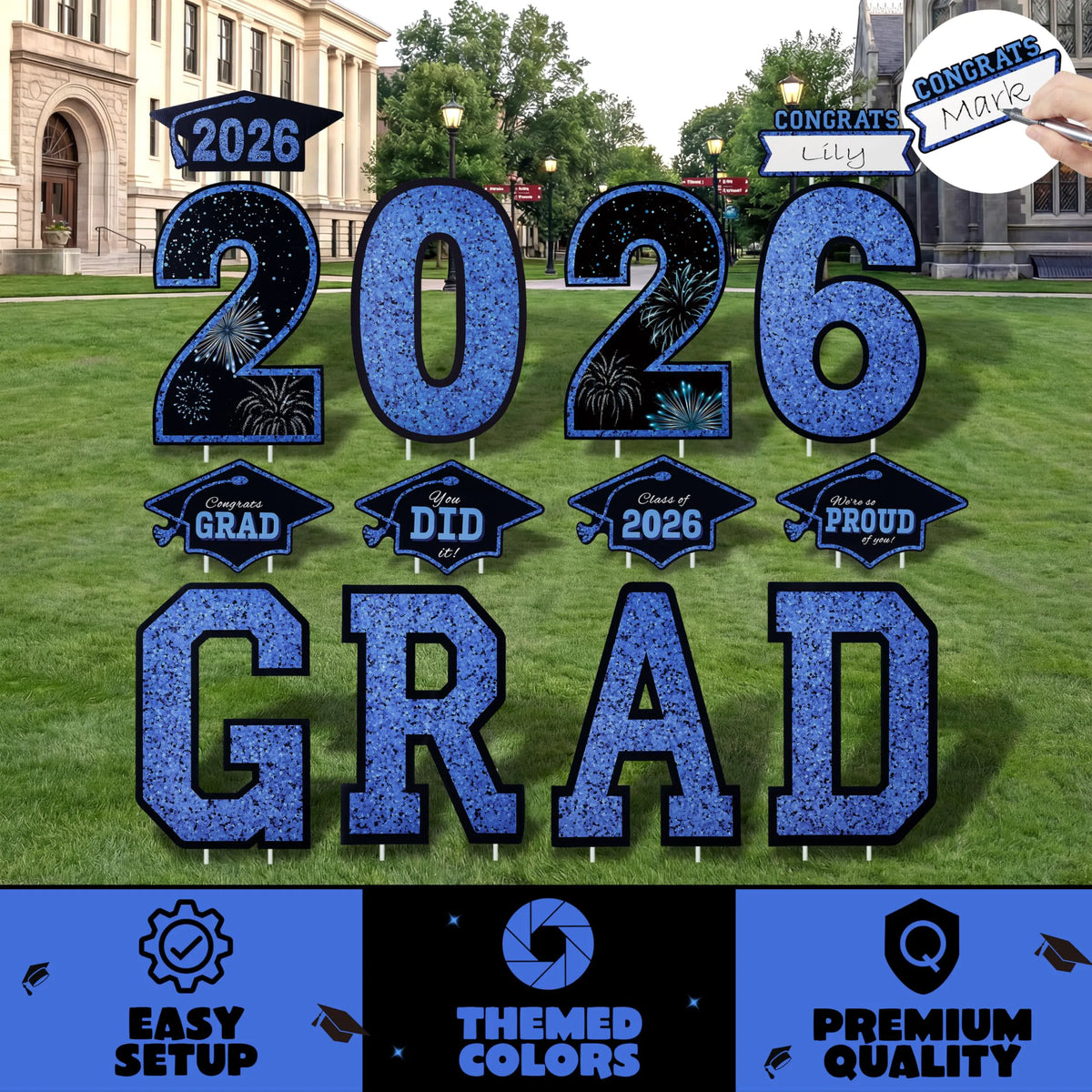 14Pcs Black & Blue Graduation Yard Signs with 28 Stakes - Class of 2026 Grad Party Supplies