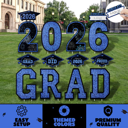 14Pcs Black & Blue Graduation Yard Signs with 28 Stakes - Class of 2026 Grad Party Supplies