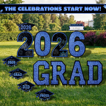 14Pcs Black & Blue Graduation Yard Signs with 28 Stakes - Class of 2026 Grad Party Supplies
