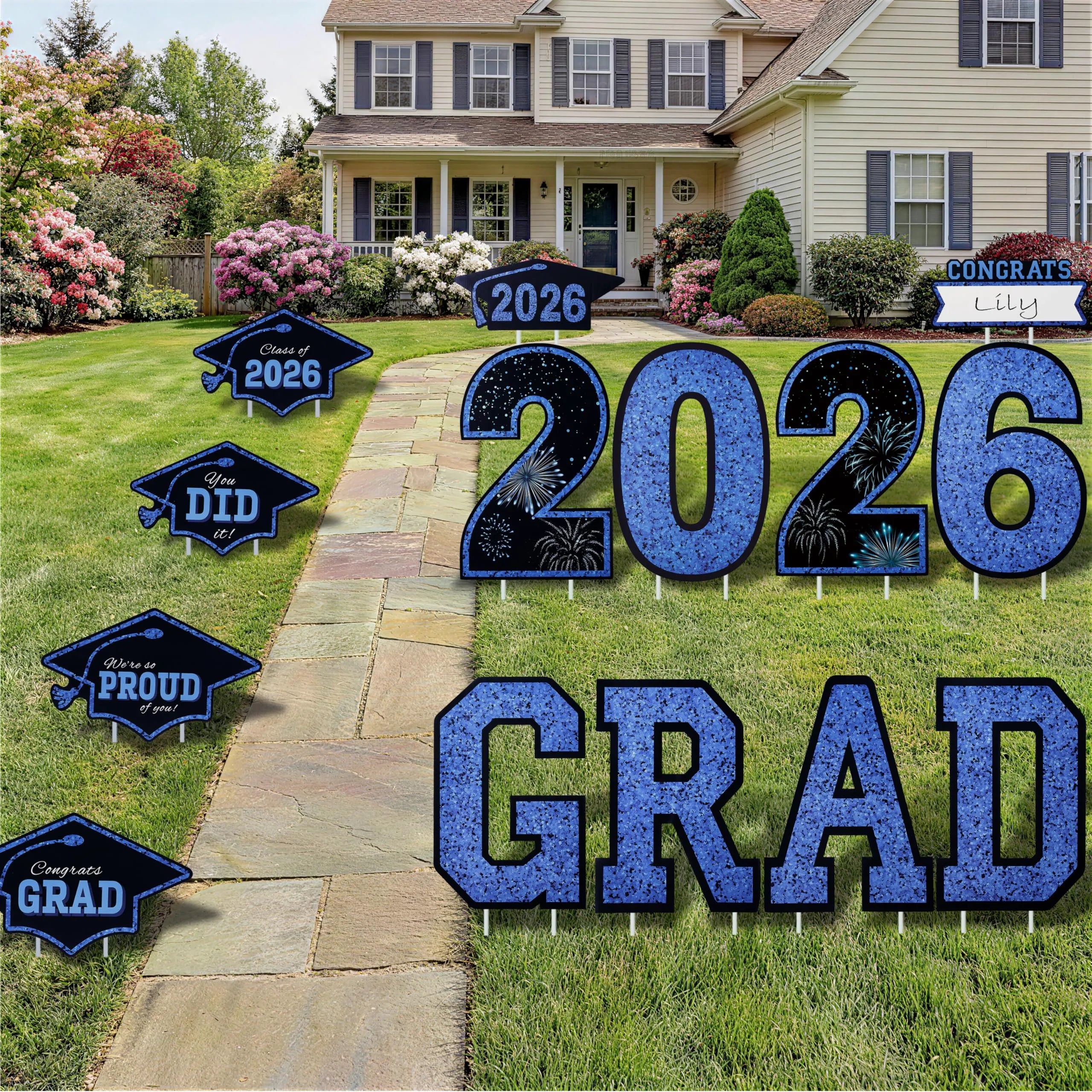 14Pcs Black & Blue Graduation Yard Signs with 28 Stakes - Class of 2026 Grad Party Supplies