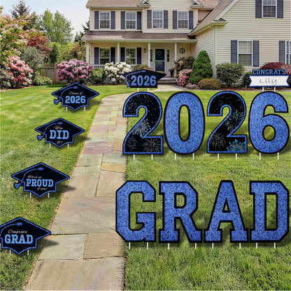 14Pcs Black & Blue Graduation Yard Signs with 28 Stakes - Class of 2026 Grad Party Supplies