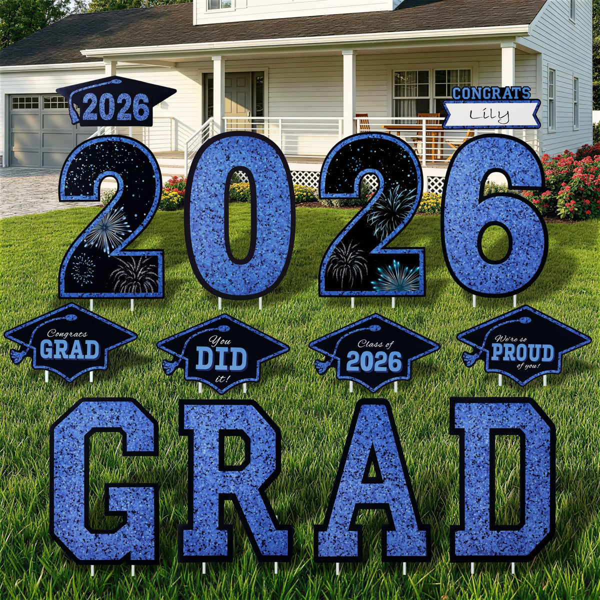 14Pcs Black & Blue Graduation Yard Signs with 28 Stakes - Class of 2026 Grad Party Supplies
