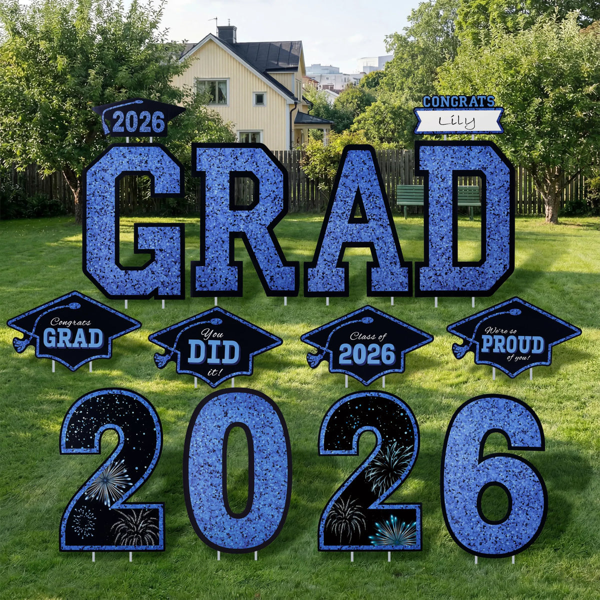14Pcs Black & Blue Graduation Yard Signs with 28 Stakes - Class of 2026 Grad Party Supplies
