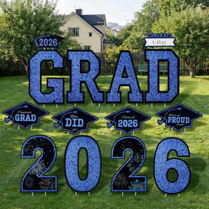 14Pcs Black & Blue Graduation Yard Signs with 28 Stakes - Class of 2026 Grad Party Supplies