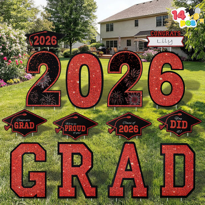 14Pcs Black & Red Graduation Yard Signs with 28 Stakes - Class of 2026 Grad Party Supplies
