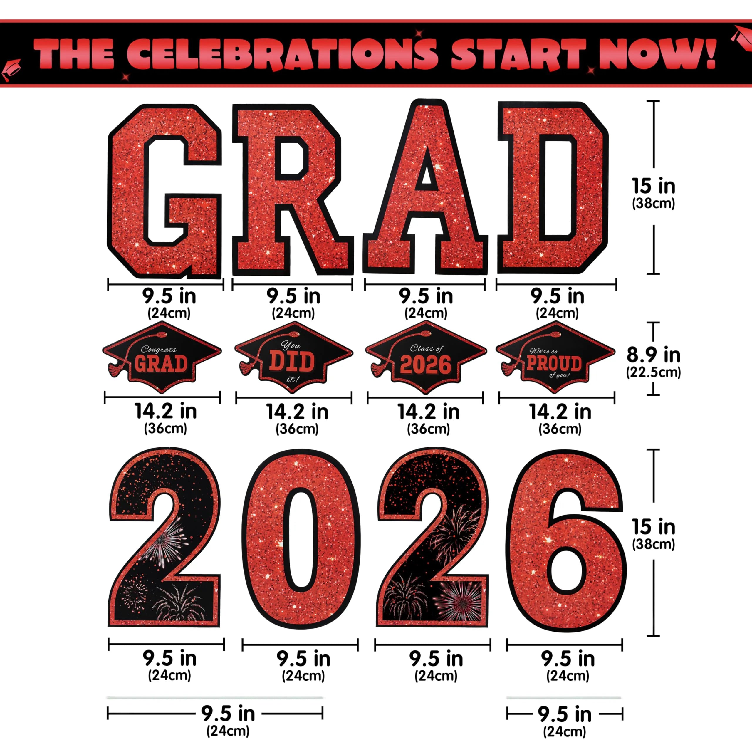 14Pcs Black & Red Graduation Yard Signs with 28 Stakes - Class of 2026 Grad Party Supplies