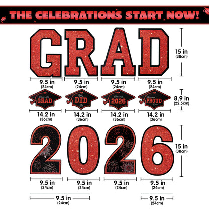 14Pcs Black & Red Graduation Yard Signs with 28 Stakes - Class of 2026 Grad Party Supplies