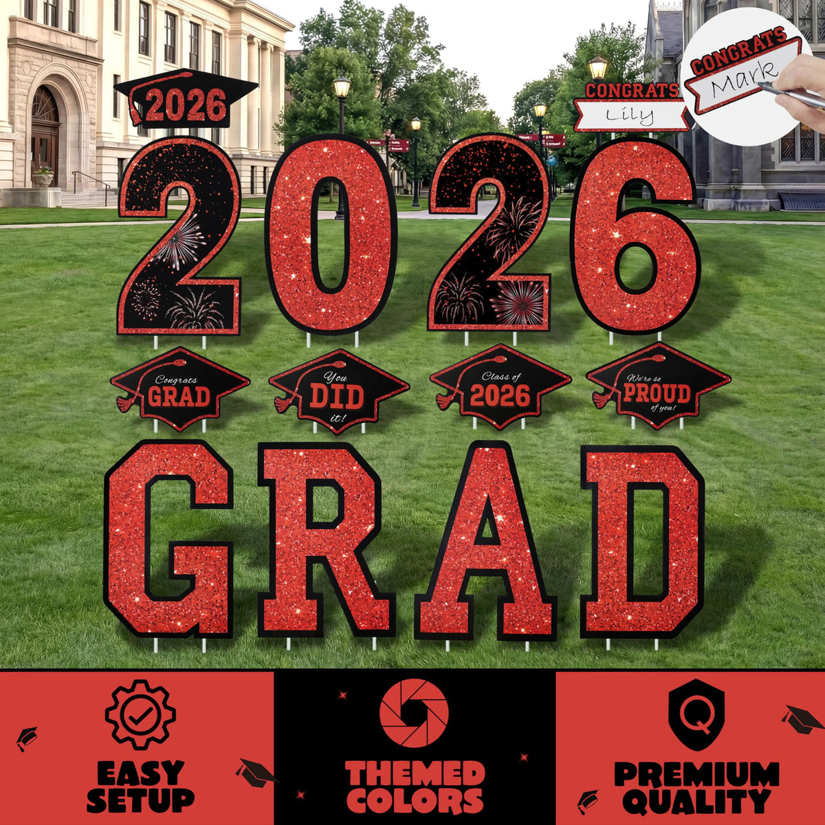 14Pcs Black & Red Graduation Yard Signs with 28 Stakes - Class of 2026 Grad Party Supplies