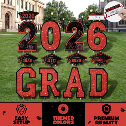 14Pcs Black & Red Graduation Yard Signs with 28 Stakes - Class of 2026 Grad Party Supplies