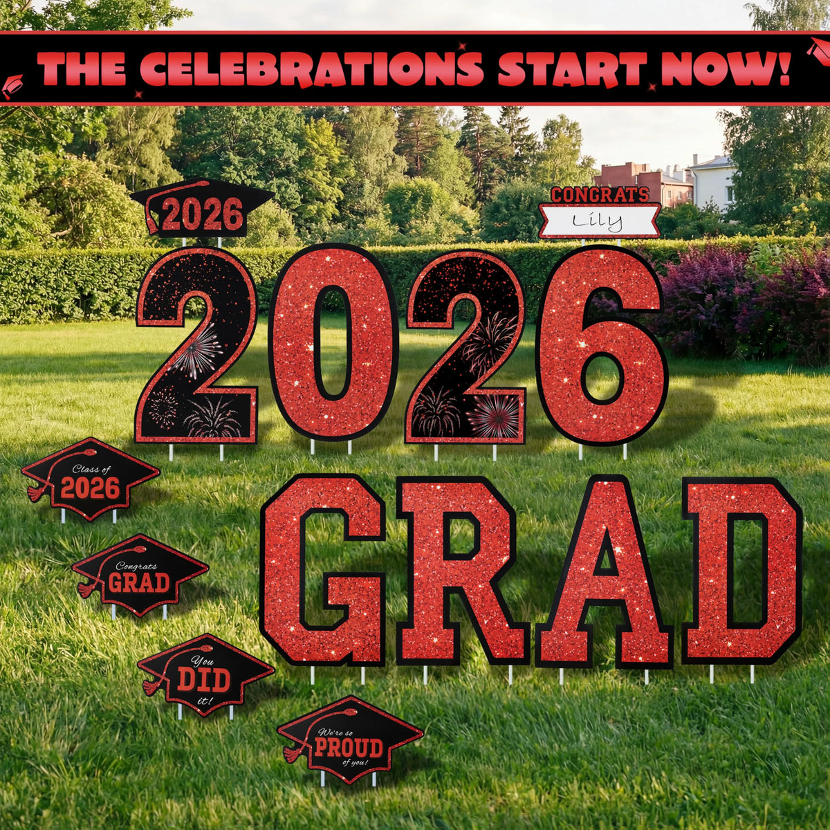 14Pcs Black & Red Graduation Yard Signs with 28 Stakes - Class of 2026 Grad Party Supplies