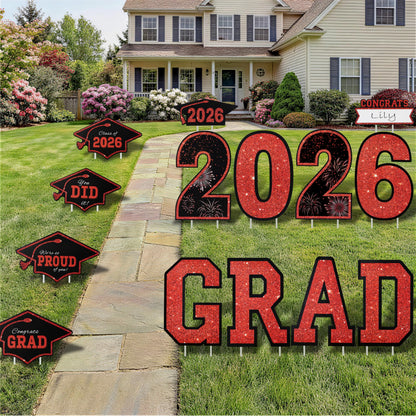14Pcs Black & Red Graduation Yard Signs with 28 Stakes - Class of 2026 Grad Party Supplies
