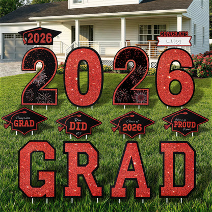 14Pcs Black & Red Graduation Yard Signs with 28 Stakes - Class of 2026 Grad Party Supplies