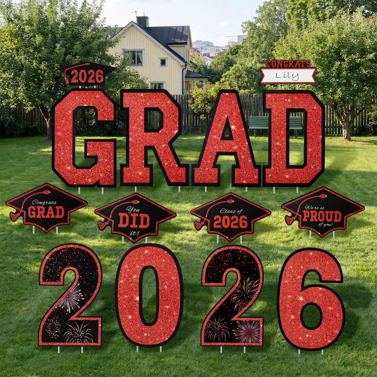 14Pcs Black & Red Graduation Yard Signs with 28 Stakes - Class of 2026 Grad Party Supplies