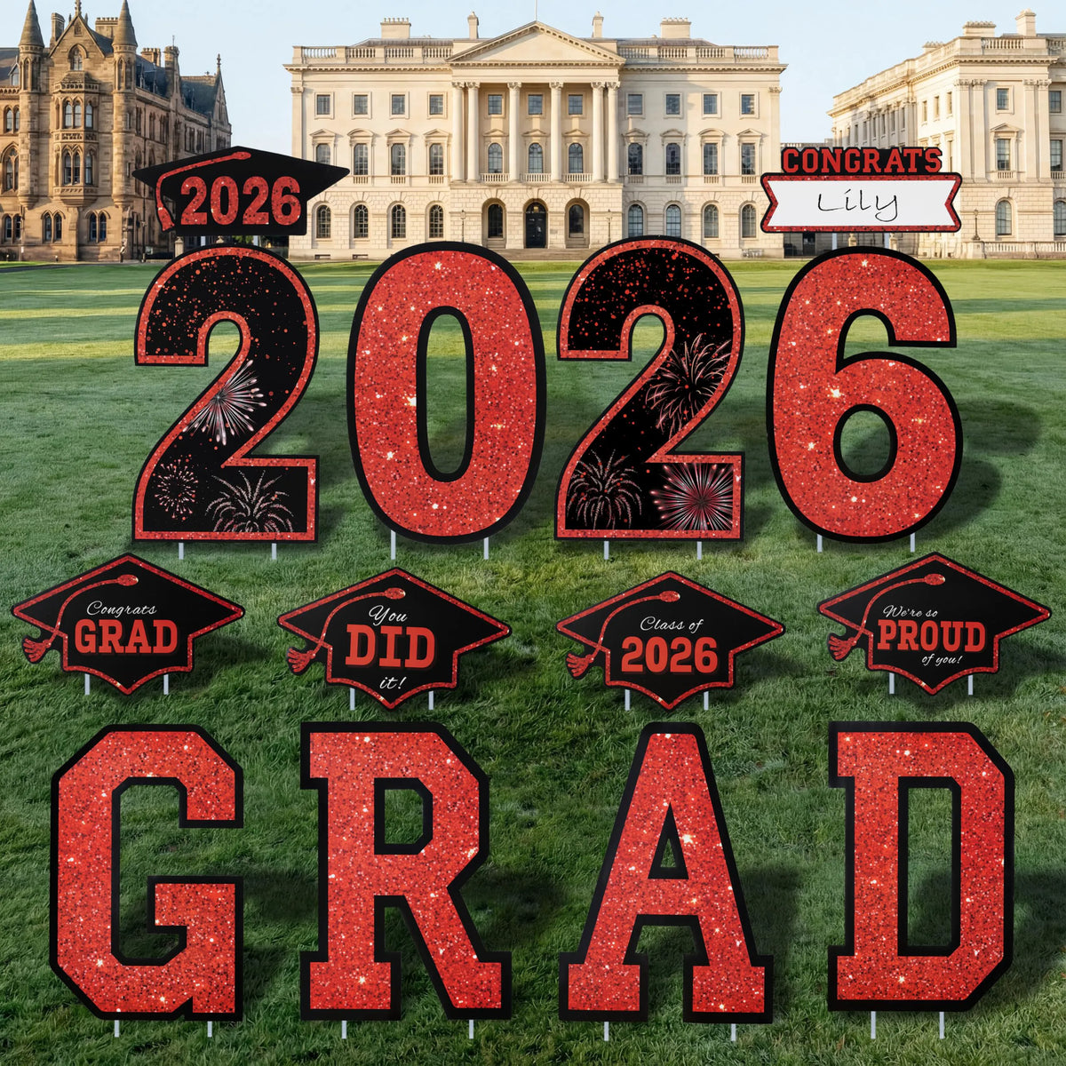 14Pcs Black & Red Graduation Yard Signs with 28 Stakes - Class of 2026 Grad Party Supplies