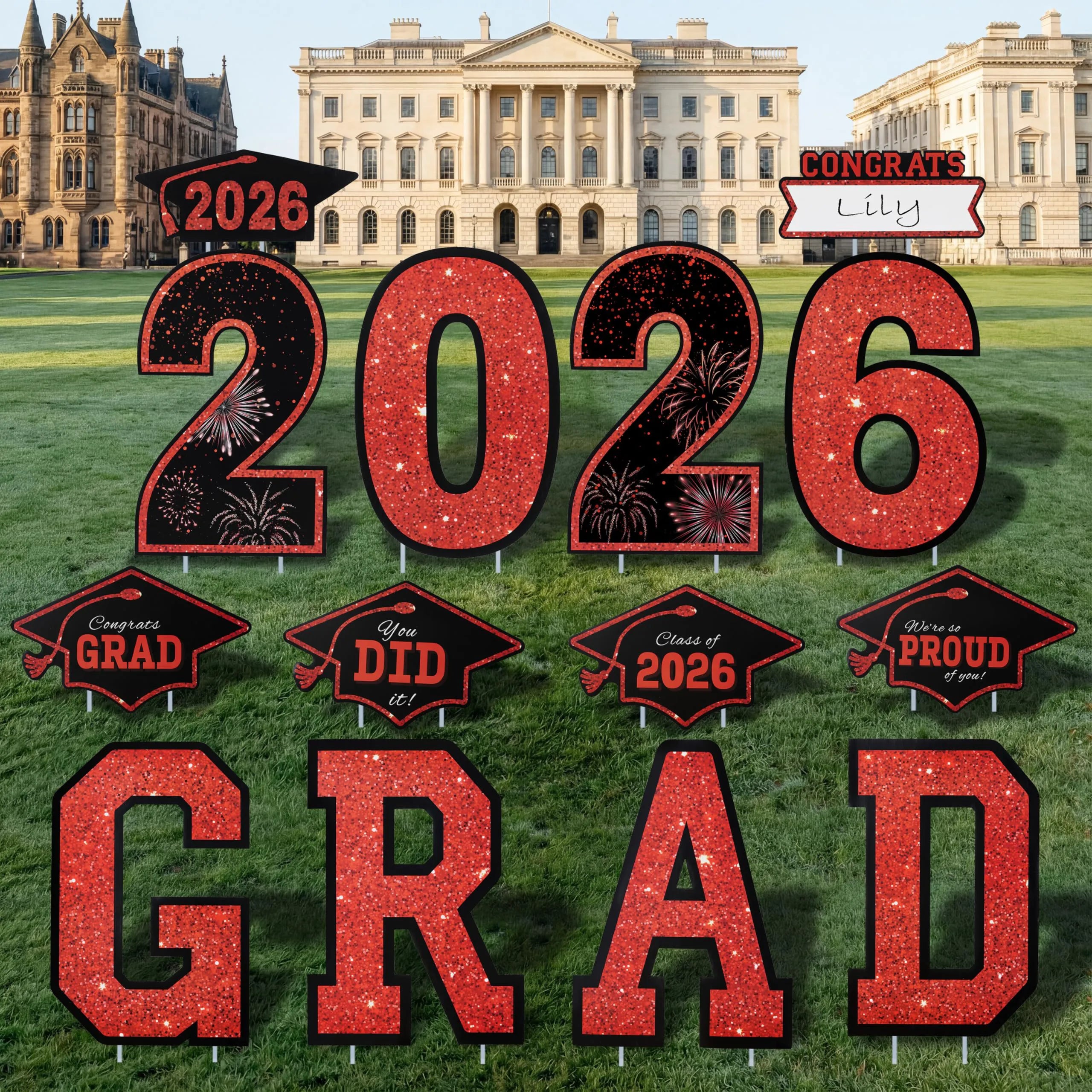 14Pcs Black & Red Graduation Yard Signs with 28 Stakes - Class of 2026 Grad Party Supplies