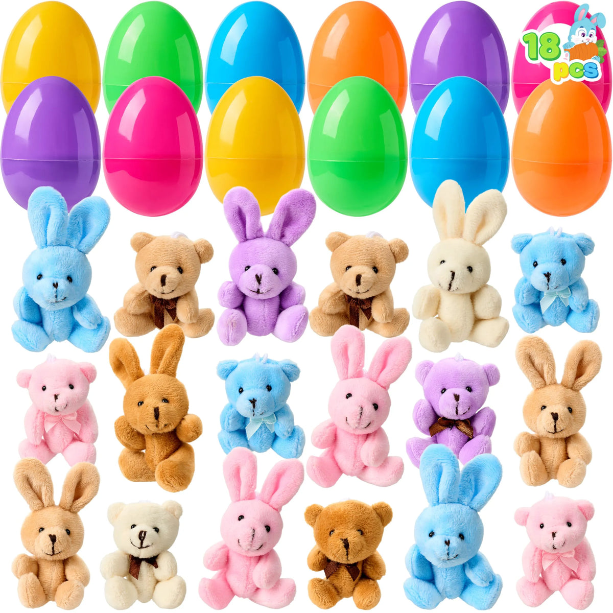 JOYIN 18 Pcs Prefilled Easter Eggs with Plush Animals