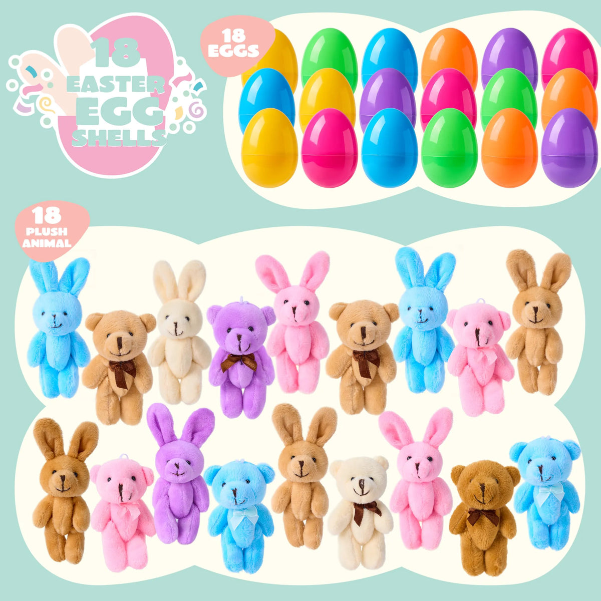 JOYIN 18 Pcs Prefilled Easter Eggs with Plush Animals