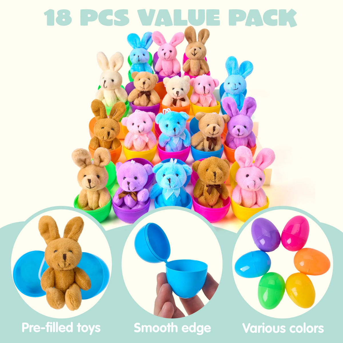 JOYIN 18 Pcs Prefilled Easter Eggs with Plush Animals