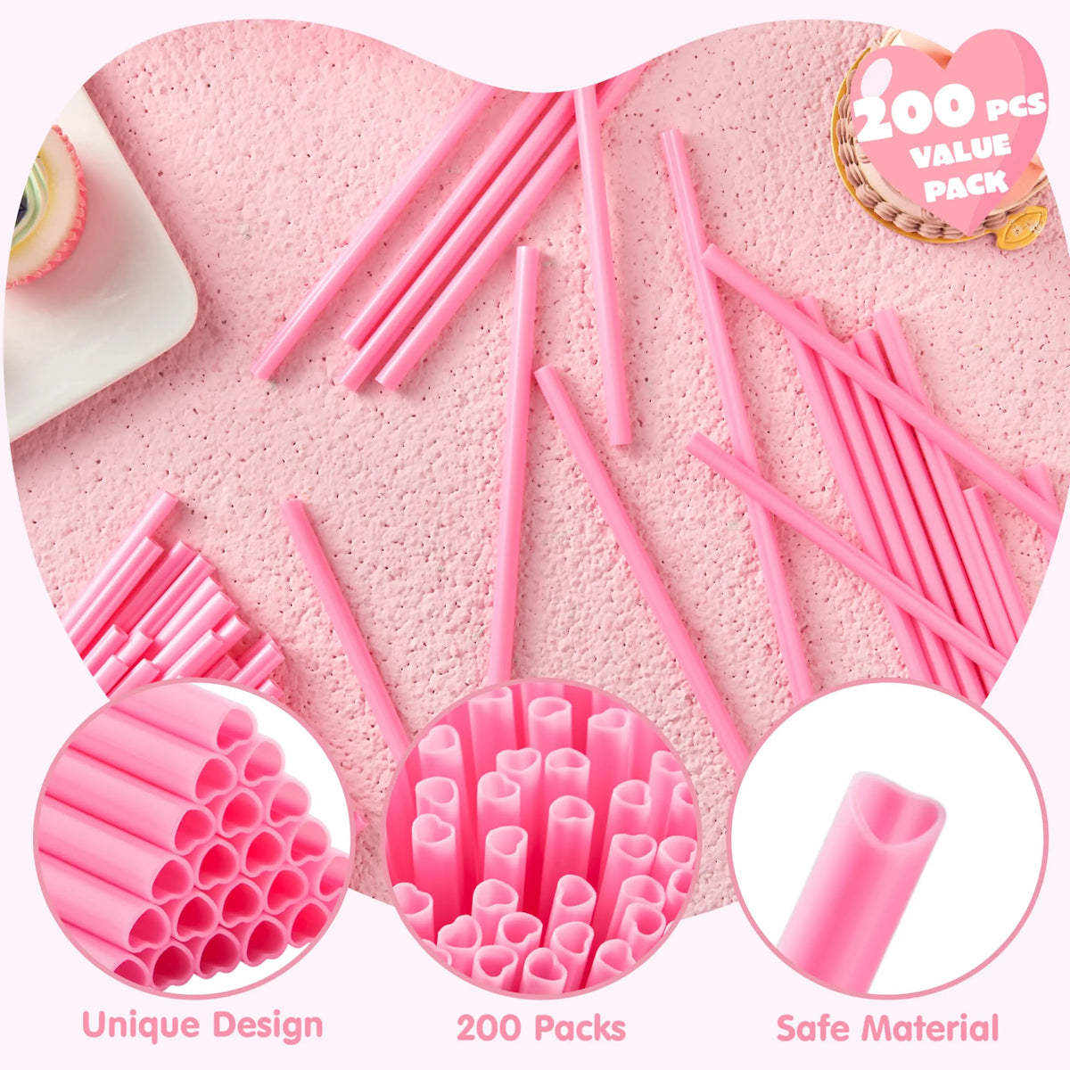 JOYIN 200 Pcs Valentine Heart-Shaped Pink Straws
