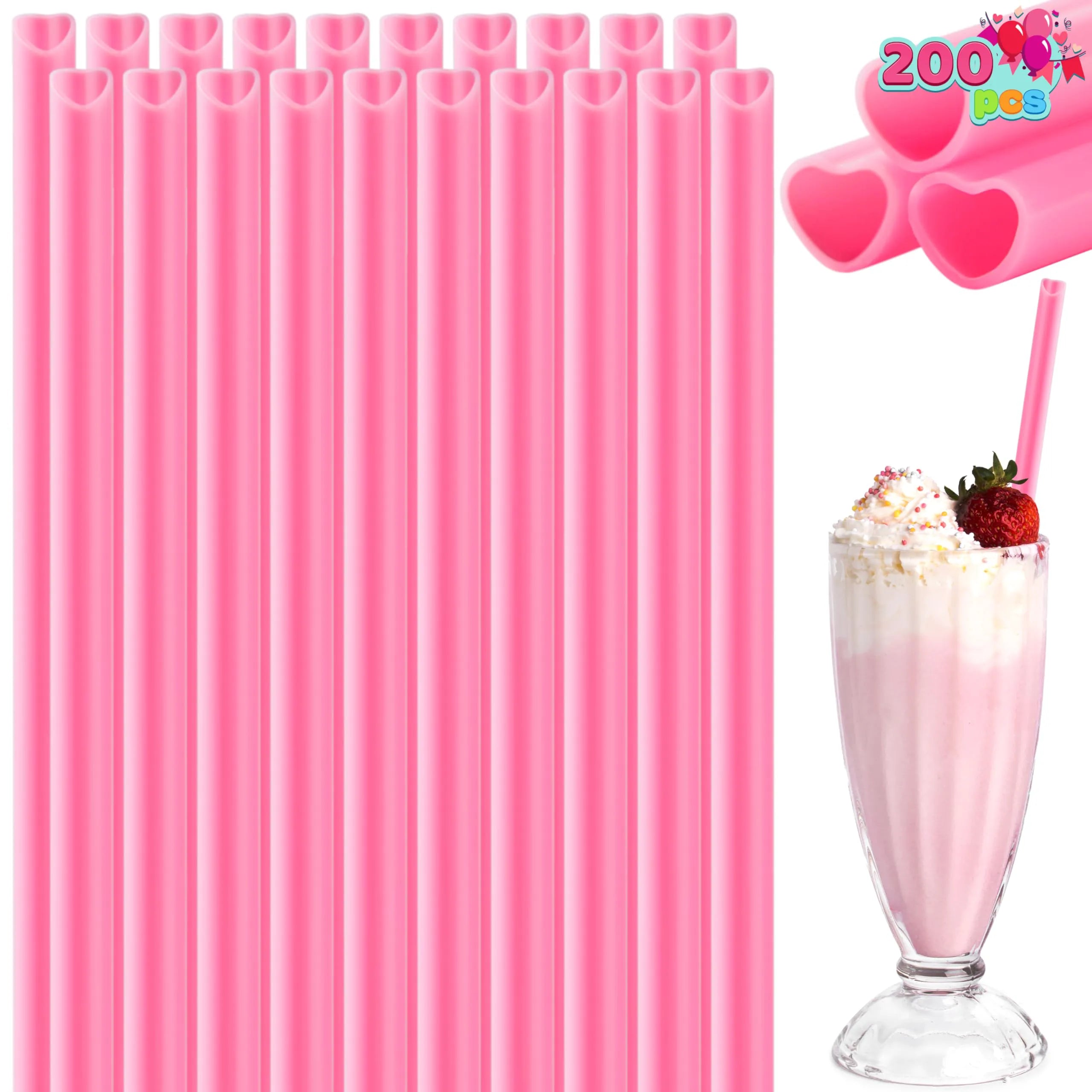 JOYIN 200 Pcs Valentine Heart-Shaped Pink Straws