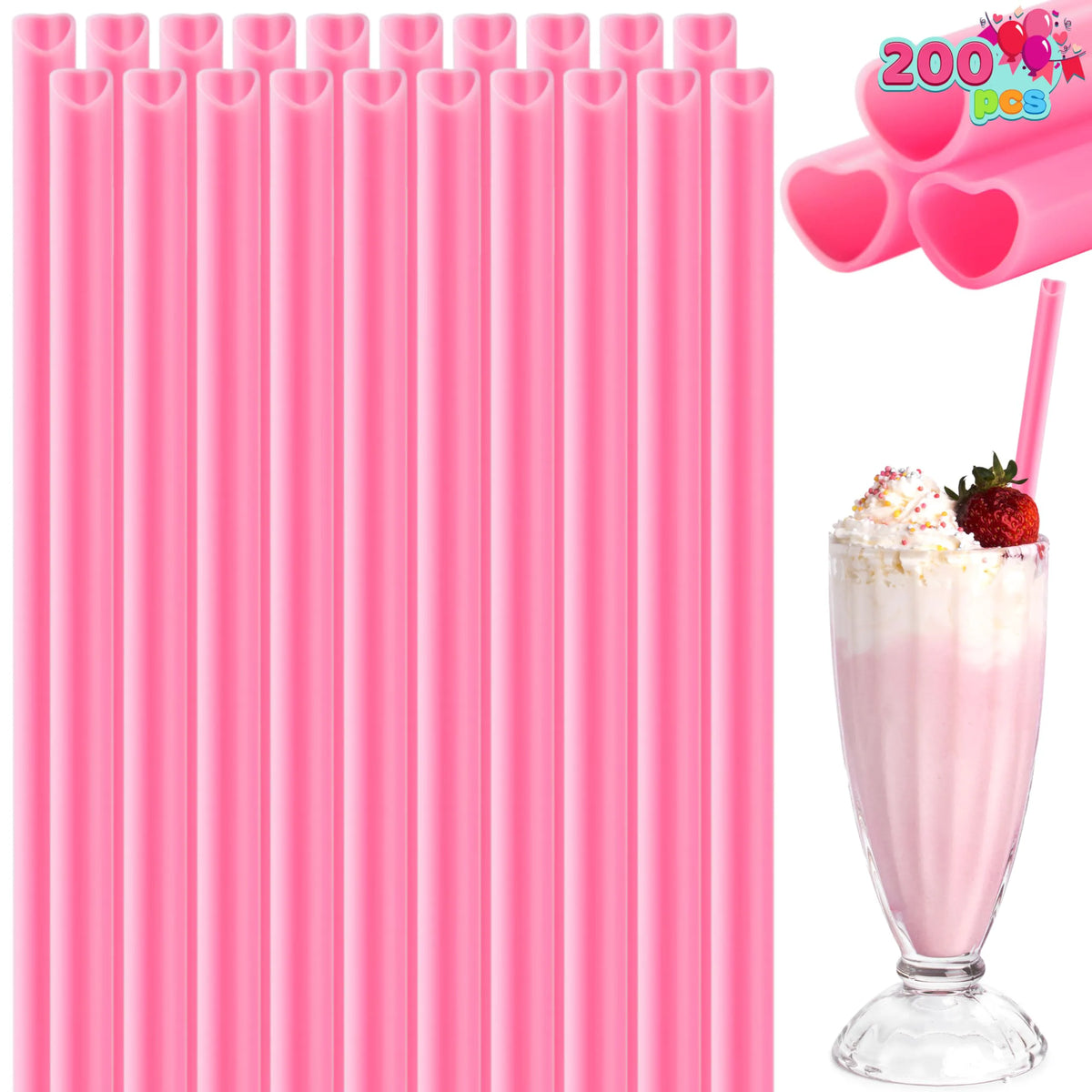 JOYIN 200 Pcs Valentine Heart-Shaped Pink Straws