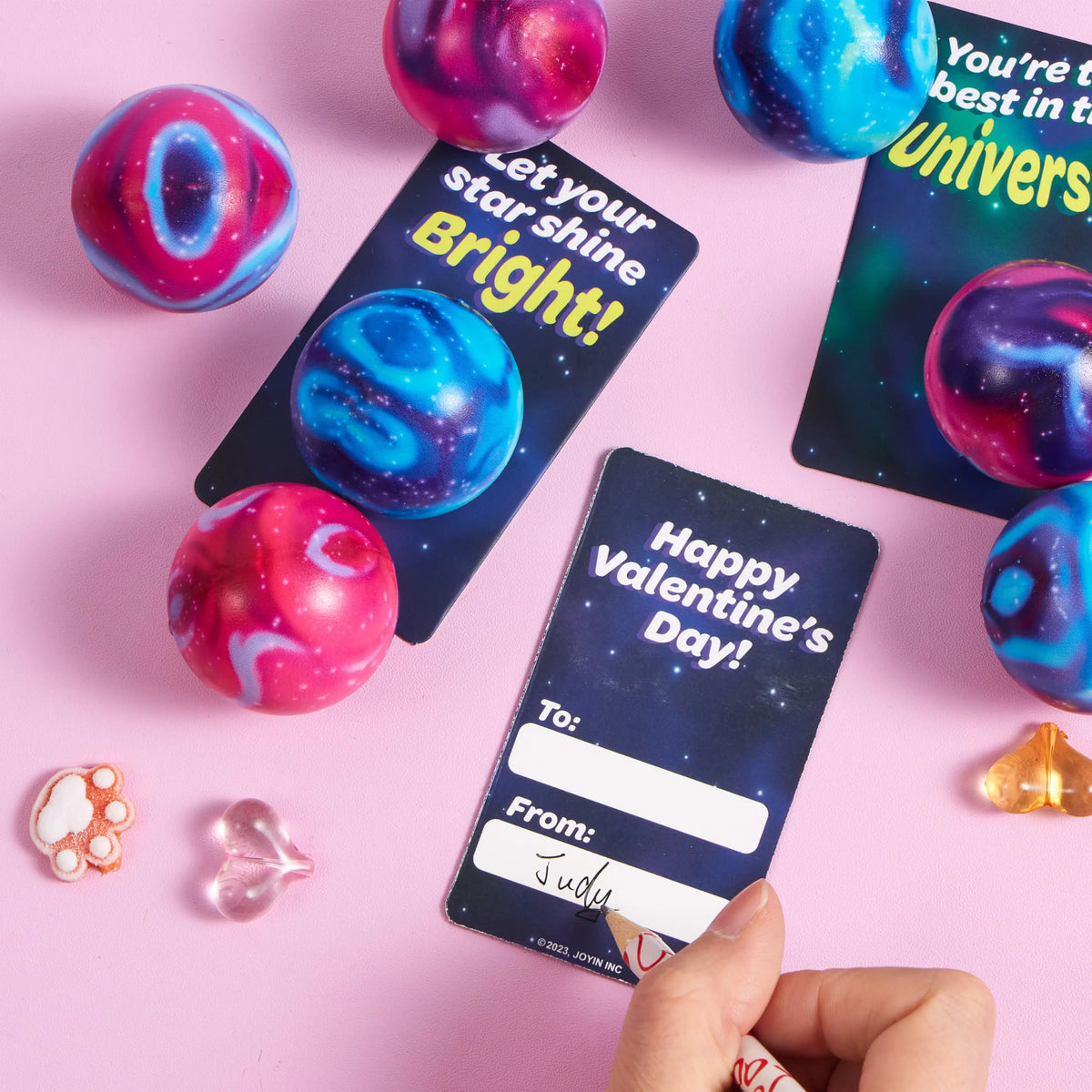 JOYIN 24 PCS Valentine's Day Cards with Galaxy PU Stress Balls for Party Favors
