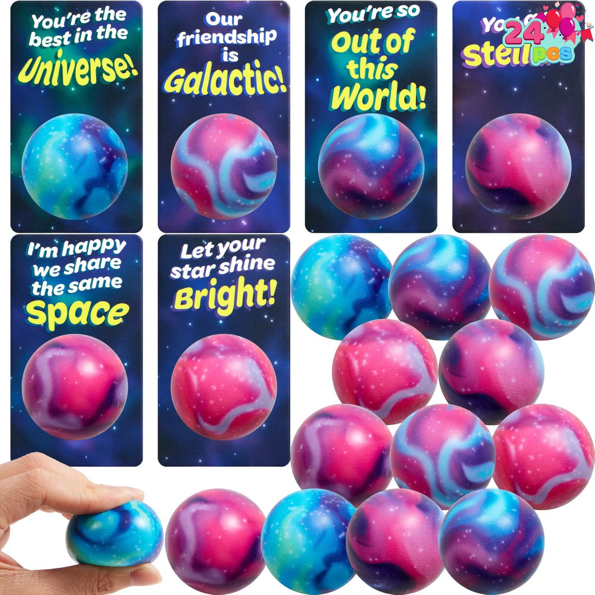 JOYIN 24 PCS Valentine's Day Cards with Galaxy PU Stress Balls for Party Favors