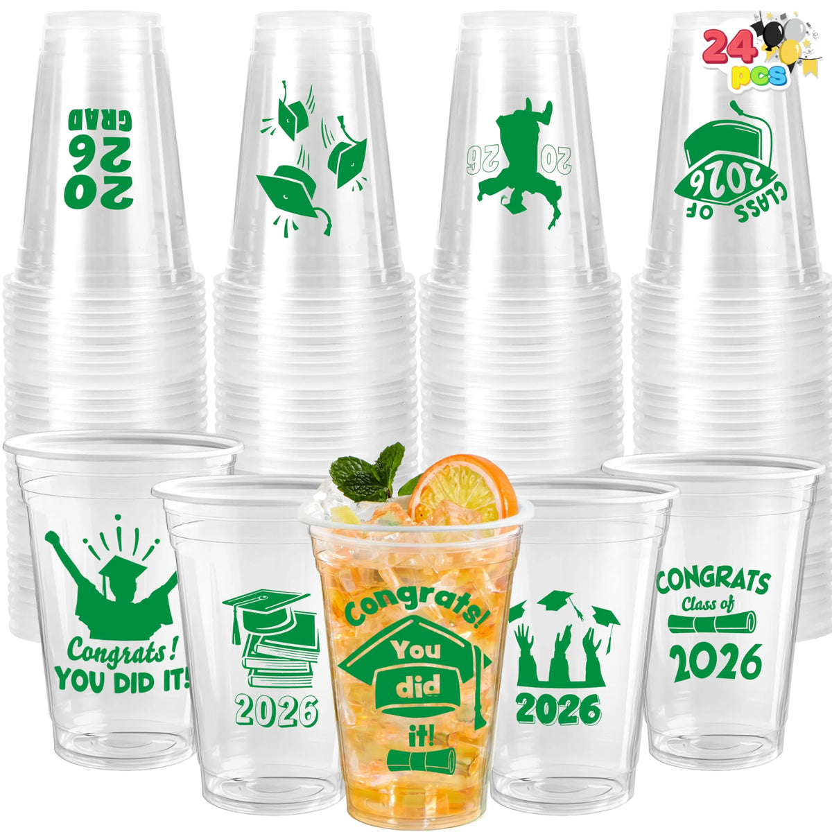 24 Pack 16oz Green Disposable Cups - Class of 2026 Graduation Party Supplies
