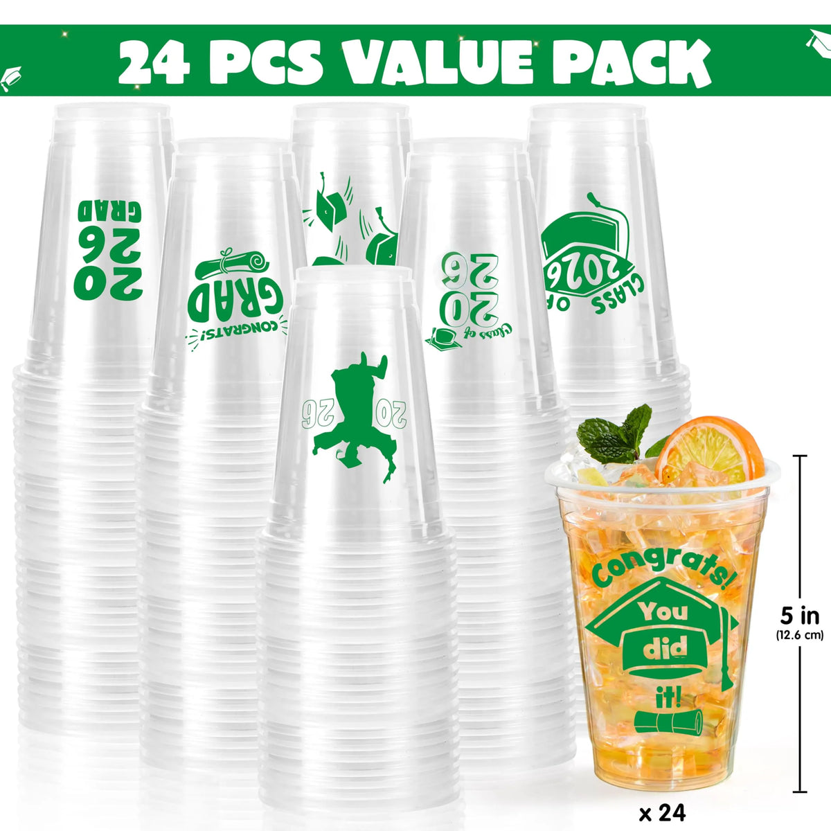 24 Pack 16oz Green Disposable Cups - Class of 2026 Graduation Party Supplies
