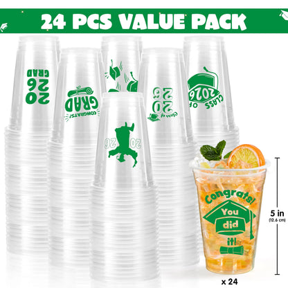 24 Pack 16oz Green Disposable Cups - Class of 2026 Graduation Party Supplies