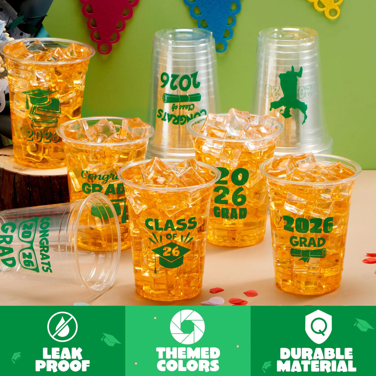 24 Pack 16oz Green Disposable Cups - Class of 2026 Graduation Party Supplies