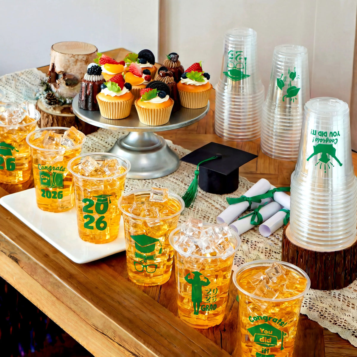 24 Pack 16oz Green Disposable Cups - Class of 2026 Graduation Party Supplies