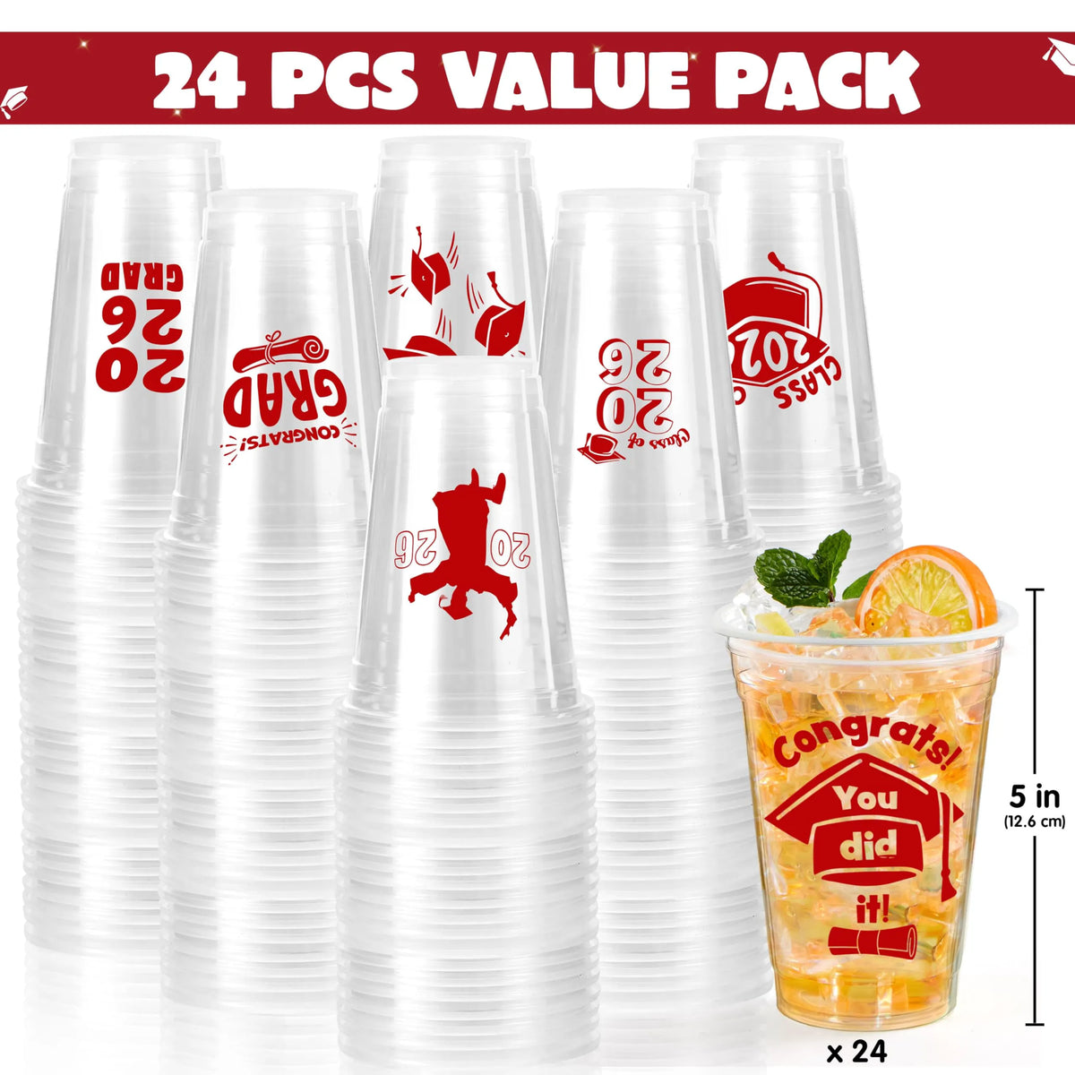 24 Pack 16oz Red Disposable Cups - Class of 2026 Graduation Party Supplies