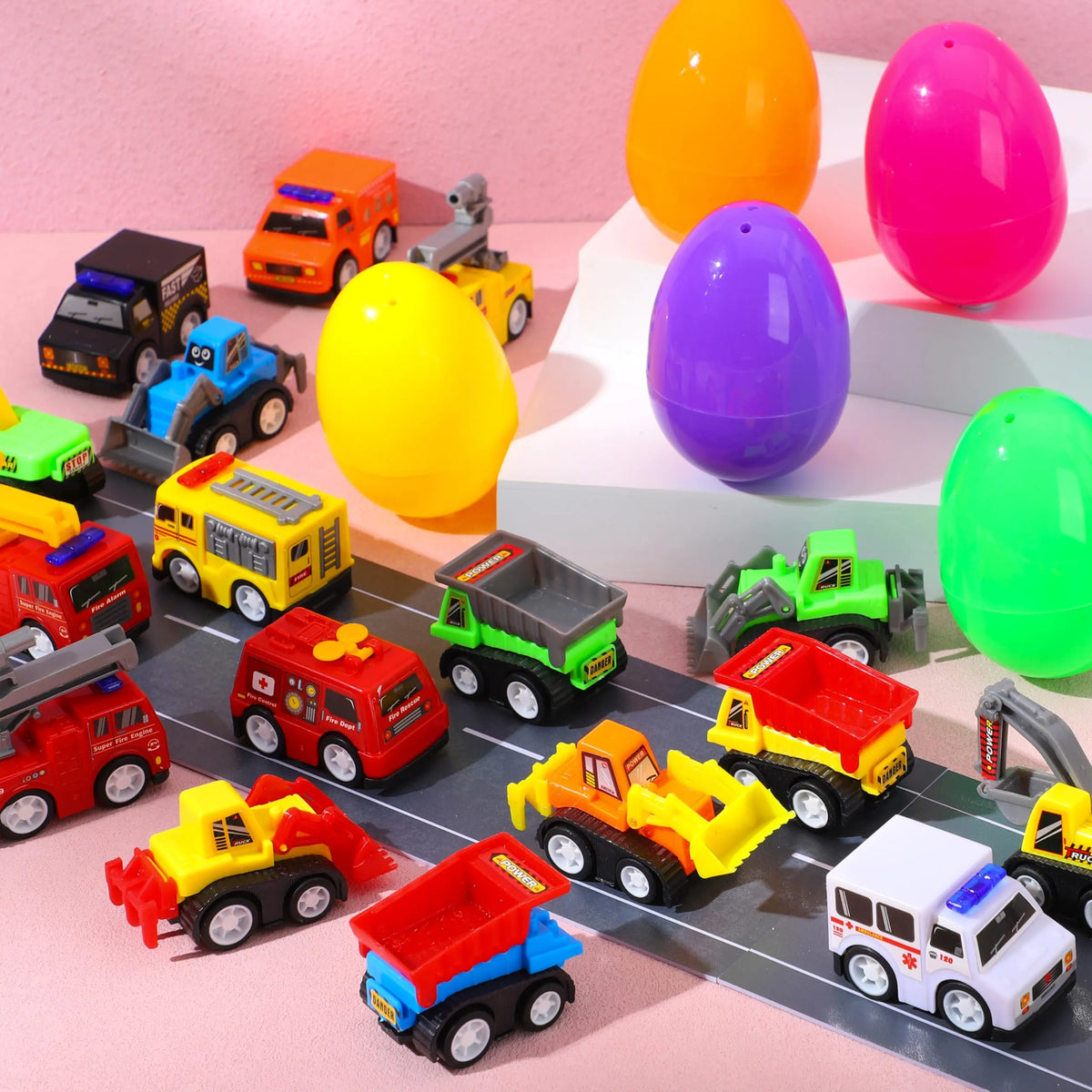 JOYIN 24-Pack Filled Easter Eggs with Pull-Back Construction Cars