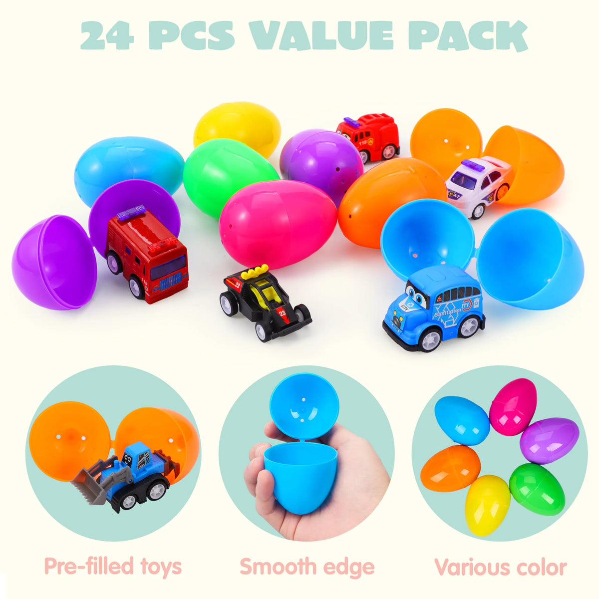 JOYIN 24-Pack Filled Easter Eggs with Pull-Back Construction Cars