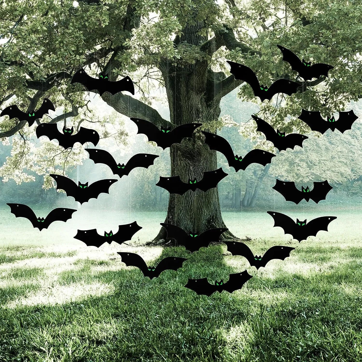 JOYIN 24-Pack Halloween Hanging Bats Decorations with Glow-in-the-Dark Eyes