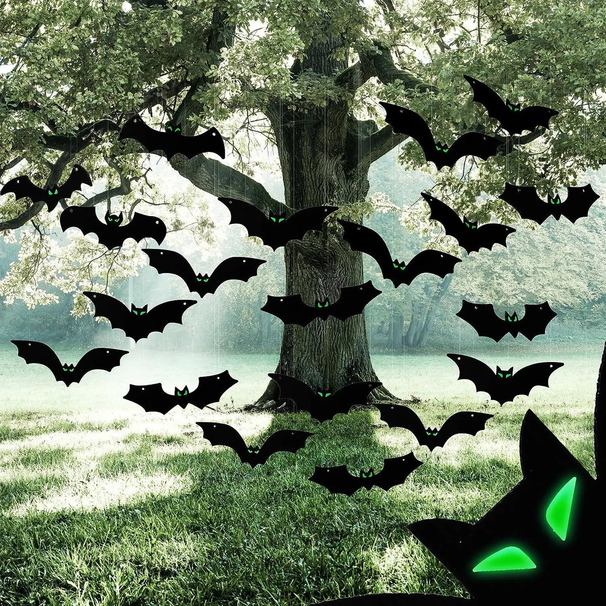 JOYIN 24-Pack Halloween Hanging Bats Decorations with Glow-in-the-Dark Eyes
