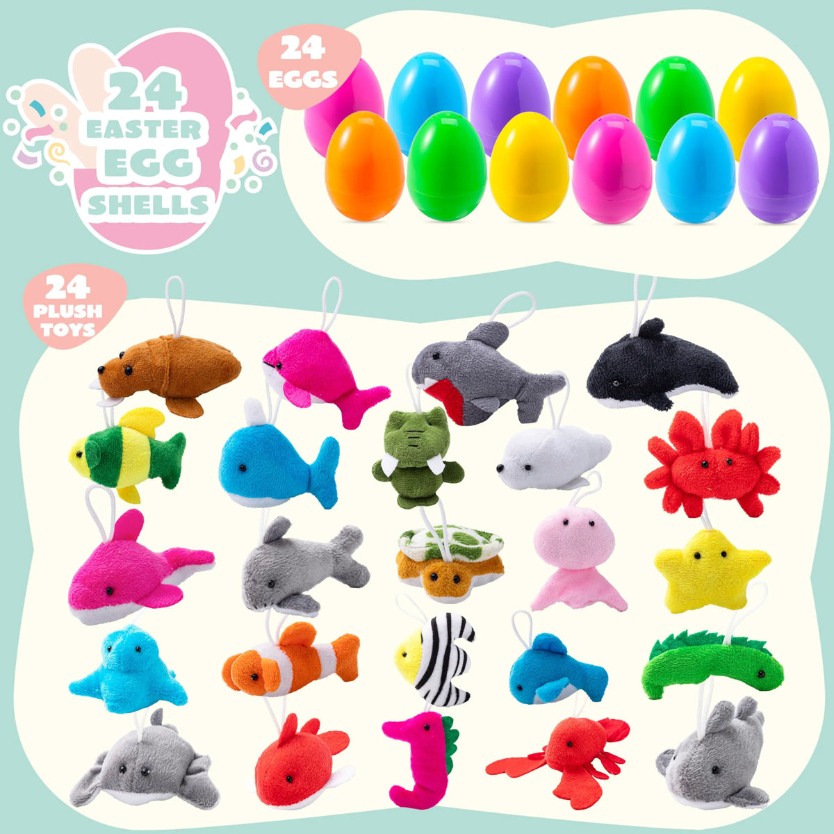 JOIN 24 Prefilled Easter Eggs with Sea Animal Plush Toys