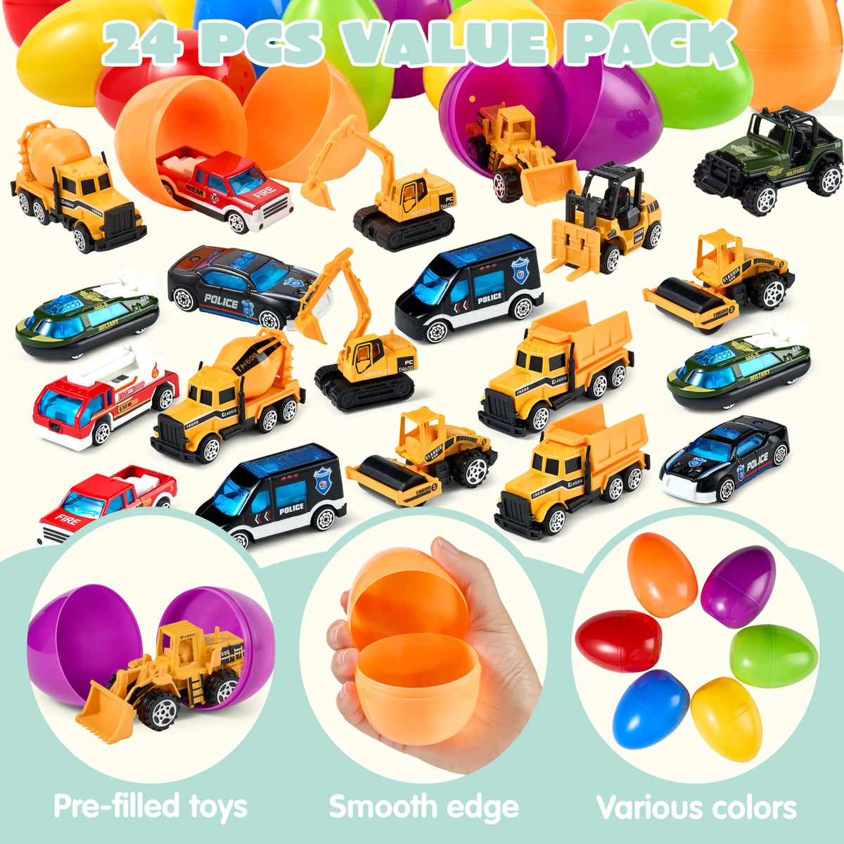 JOYIN 24 Prefilled Easter Eggs with Vehicle Toys