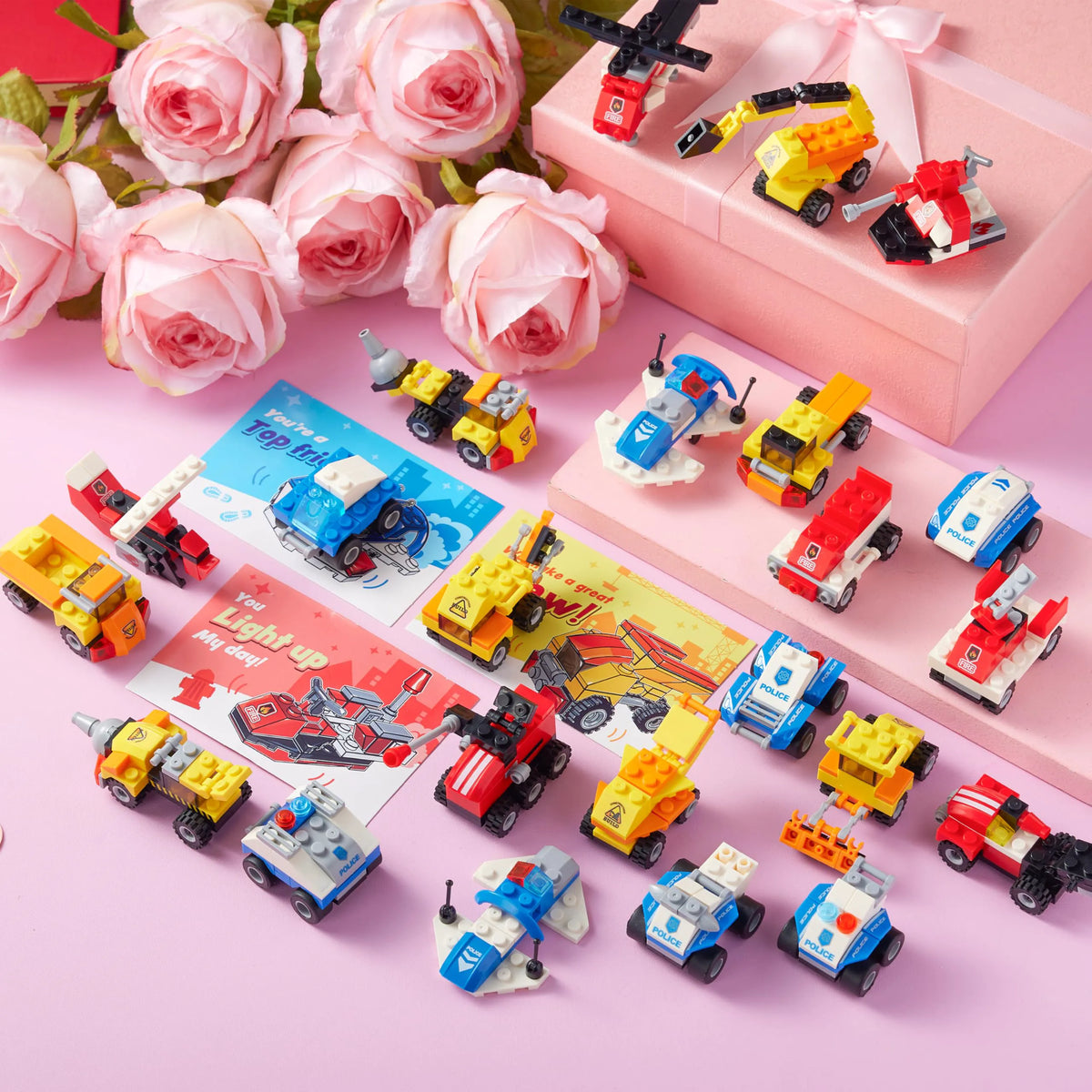 JOYIN 24-Piece Valentine's Day Mini Truck Building Blocks with Cards