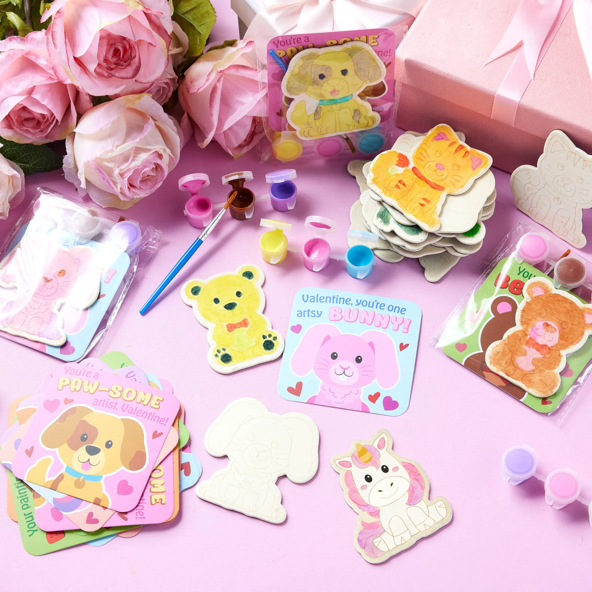 JOYIN 24-Pack Valentine's Day 2.95" Painted Animal Wooden Fridge Magnet Cards
