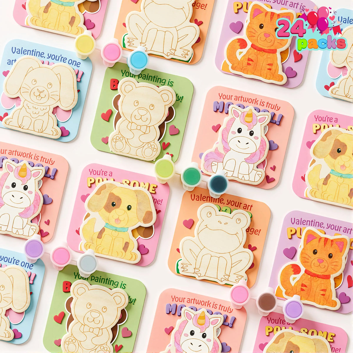 JOYIN 24-Pack Valentine's Day 2.95" Painted Animal Wooden Fridge Magnet Cards
