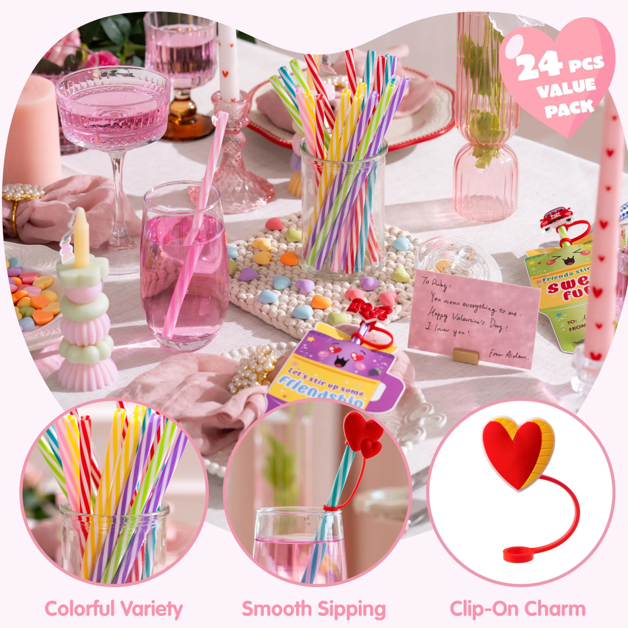 JOYIN 24 Pcs Valentine's Day Cards with Straw Covers and Caps for Cups